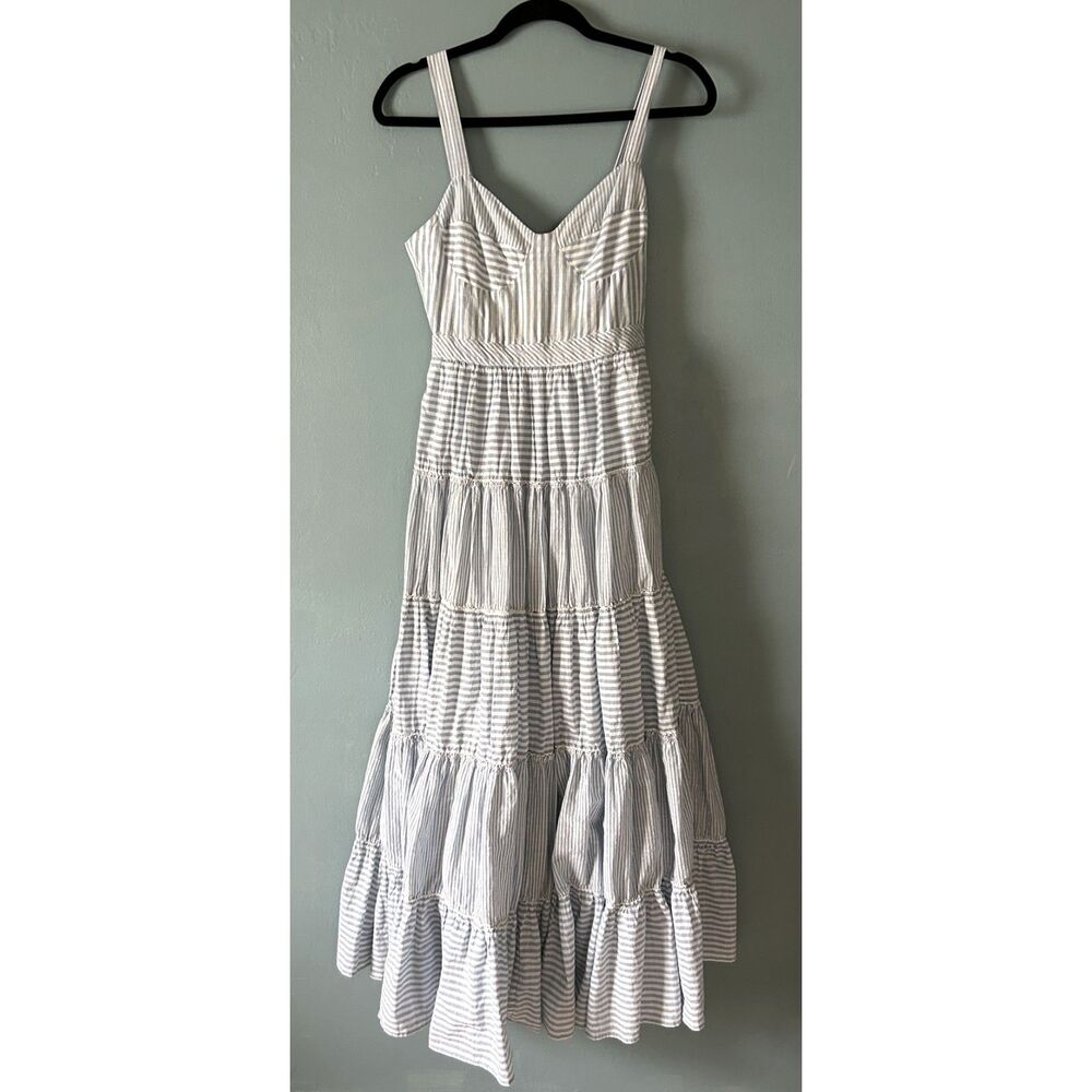 Love Shack Fancy blue, white spaghetti strap tiered lined maxi dress size 4